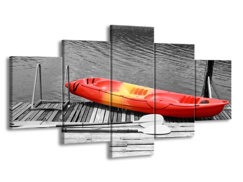 Glasschilderij Boot, Water | Zwart, Wit, Rood | 150x80cm 5Luik