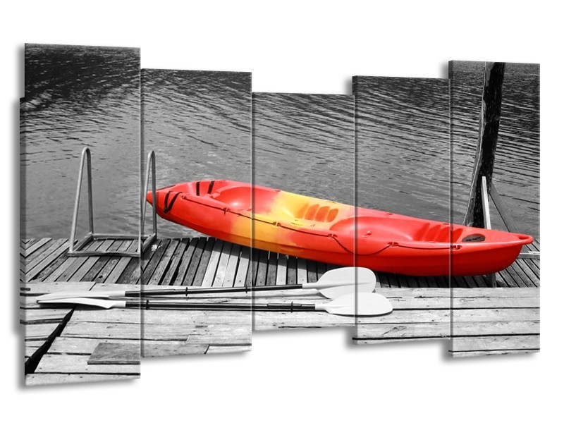 Glasschilderij Boot, Water | Zwart, Wit, Rood | 150x80cm 5Luik