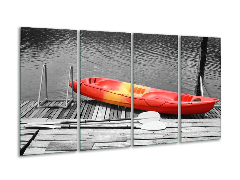 Glasschilderij Boot, Water | Zwart, Wit, Rood | 160x80cm 4Luik