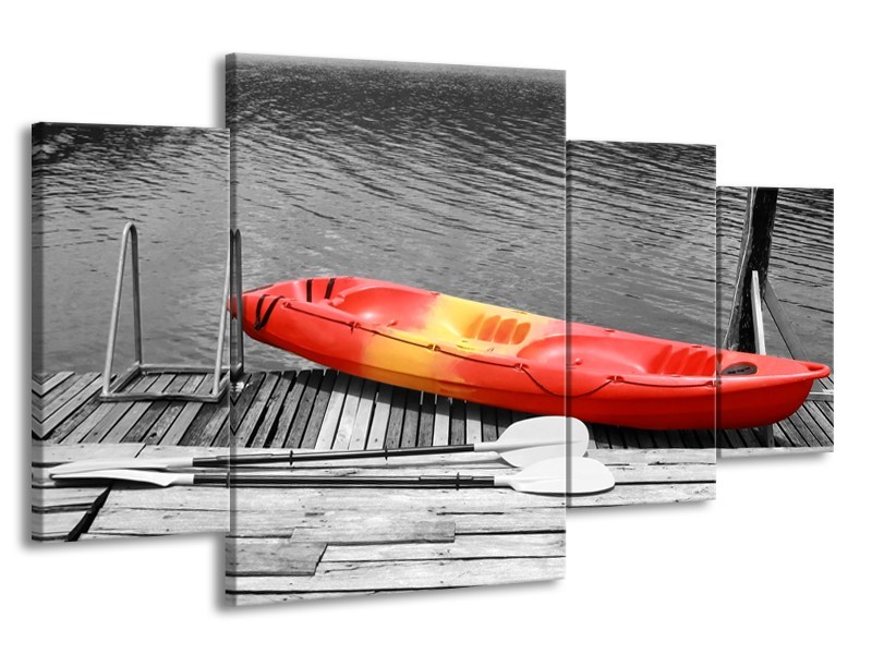 Canvas Schilderij Boot, Water | Zwart, Wit, Rood | 160x90cm 4Luik