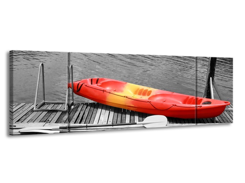 Glasschilderij Boot, Water | Zwart, Wit, Rood | 170x50cm 3Luik