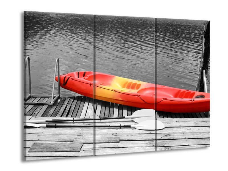 Canvas Schilderij Boot, Water | Zwart, Wit, Rood | 60x90cm 3Luik