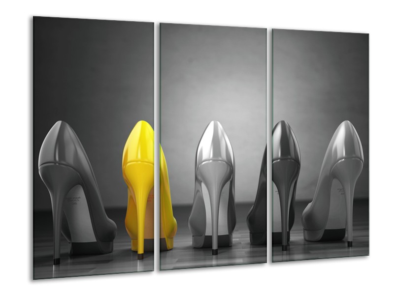 Canvas Schilderij Schoenen, Vrouw | Grijs, Geel | 120x80cm 3Luik