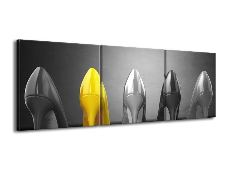 Canvas Schilderij Schoenen, Vrouw | Grijs, Geel | 150x50cm 3Luik
