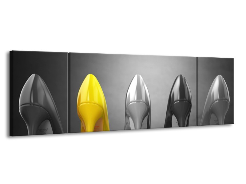 Canvas Schilderij Schoenen, Vrouw | Grijs, Geel | 170x50cm 3Luik