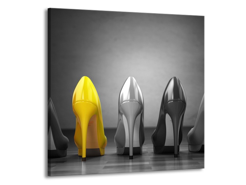 Glasschilderij Schoenen, Vrouw | Grijs, Geel | 50x50cm 1Luik