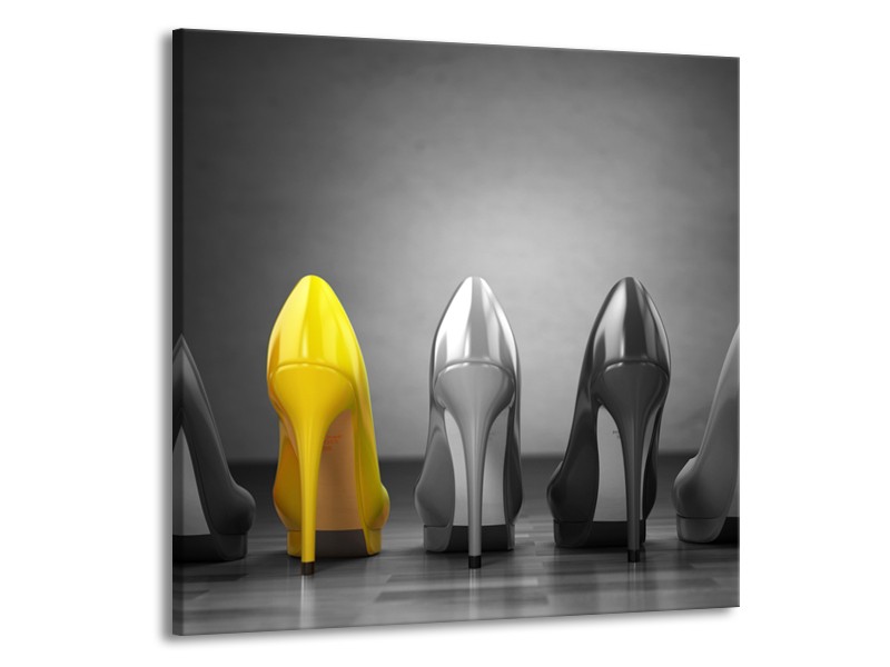 Glasschilderij Schoenen, Vrouw | Grijs, Geel | 70x70cm 1Luik