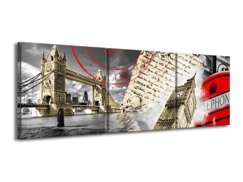 Canvas Schilderij Engeland, London | Grijs, Crème, Rood | 150x50cm 3Luik