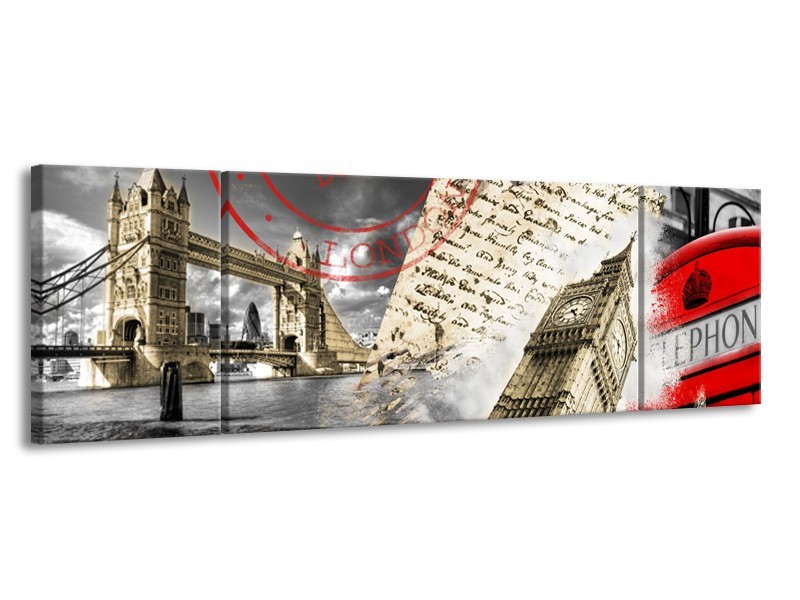 Glasschilderij Engeland, London | Grijs, Crème, Rood | 170x50cm 3Luik