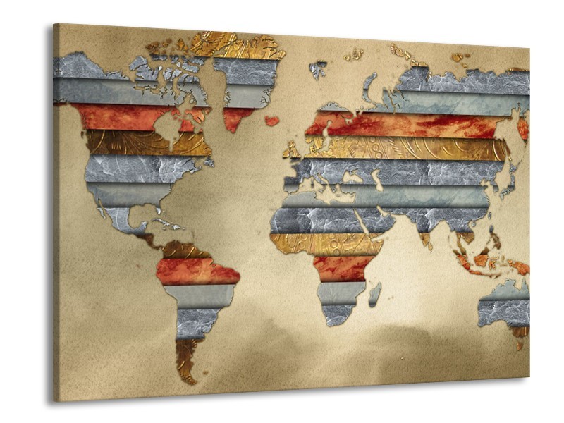 Canvas Schilderij Wereldkaart | Grijs, Crème, Bruin | 100x70cm 1Luik