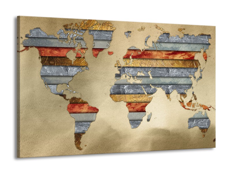 Canvas Schilderij Wereldkaart | Grijs, Crème, Bruin | 140x90cm 1Luik
