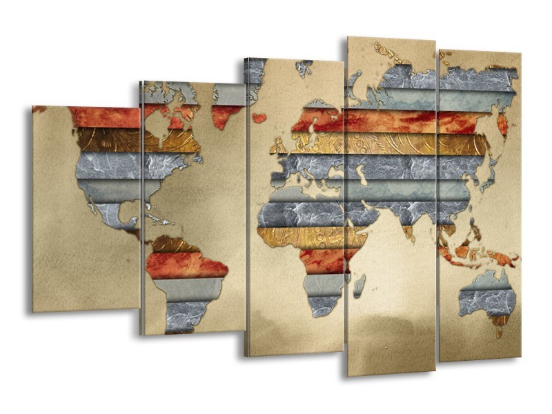 Canvas Schilderij Wereldkaart | Grijs, Crème, Bruin | 150x100cm 5Luik