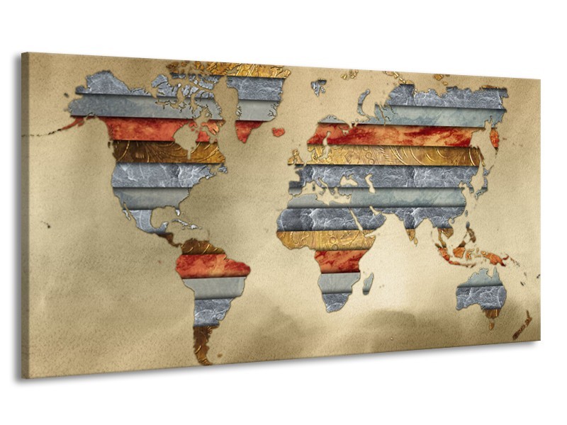 Canvas Schilderij Wereldkaart | Grijs, Crème, Bruin | 170x90cm 1Luik