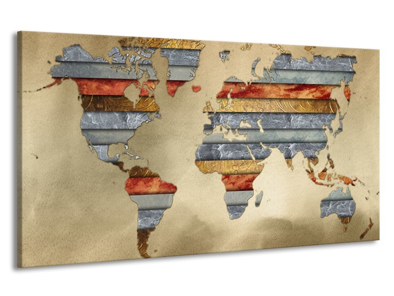 Canvas Schilderij Wereldkaart | Grijs, Crème, Bruin | 190x100cm 1Luik