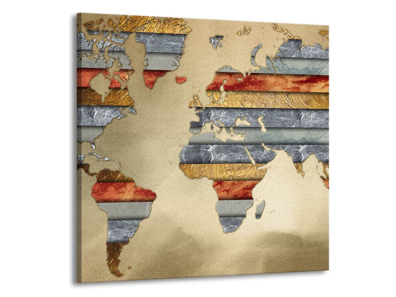 Canvas Schilderij Wereldkaart | Grijs, Crème, Bruin | 50x50cm 1Luik