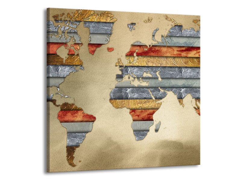 Canvas Schilderij Wereldkaart | Grijs, Crème, Bruin | 70x70cm 1Luik