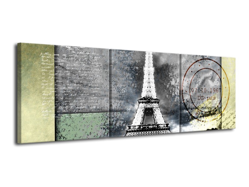 Canvas Schilderij Parijs, Eiffeltoren | Grijs, Crème, Groen | 120x40cm 3Luik