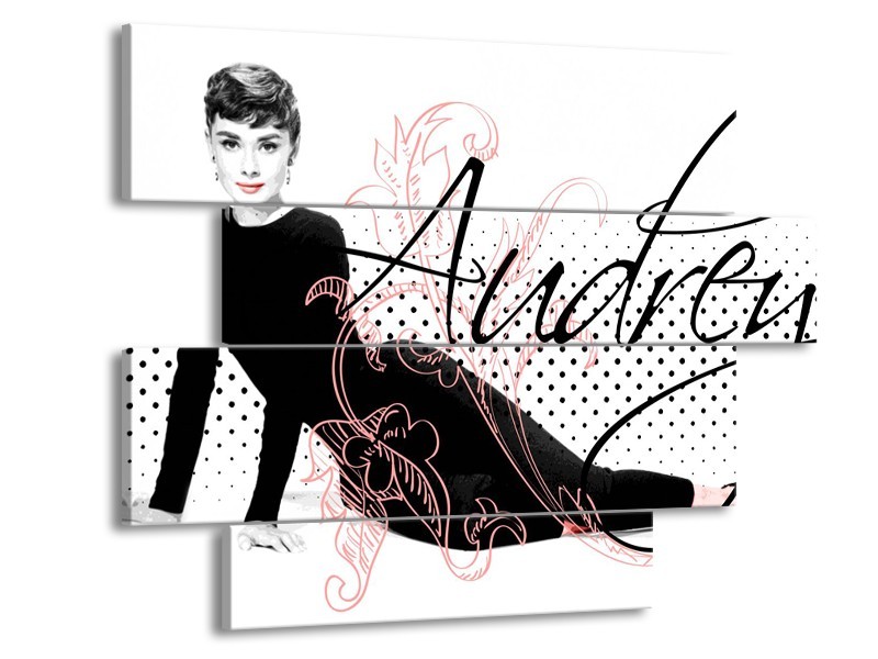 Glasschilderij Audrey, Popart | Zwart, Wit, Rood | 115x85cm 4Luik