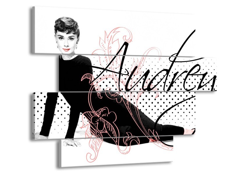 Canvas Schilderij Audrey, Popart | Zwart, Wit, Rood | 115x85cm 4Luik