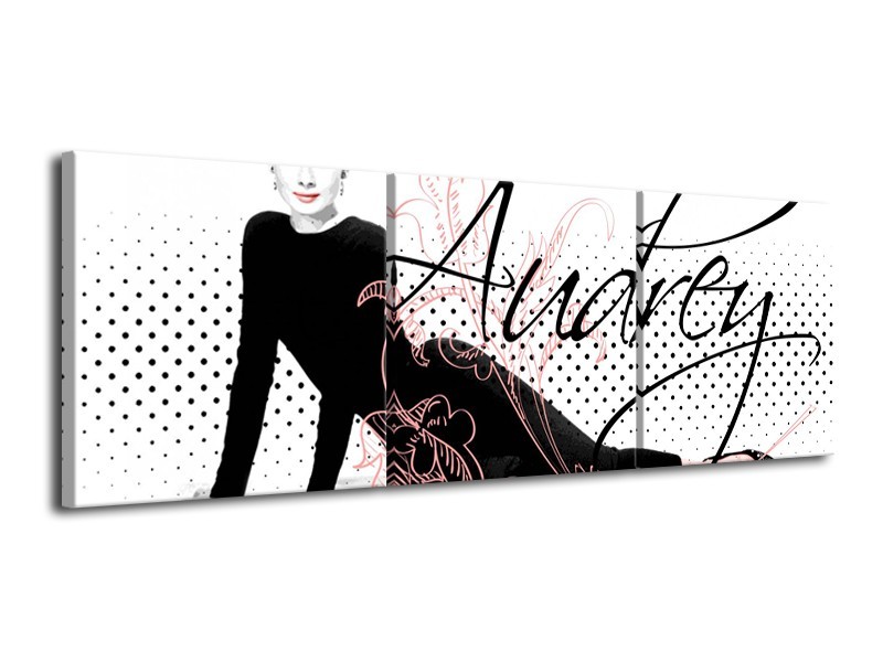 Glasschilderij Audrey, Popart | Zwart, Wit, Rood | 120x40cm 3Luik