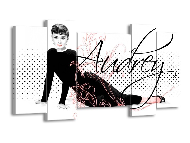 Glasschilderij Audrey, Popart | Zwart, Wit, Rood | 120x65cm 5Luik