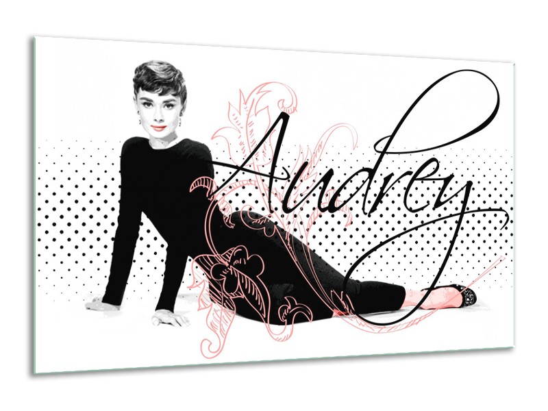 Glasschilderij Audrey, Popart | Zwart, Wit, Rood | 120x70cm 1Luik