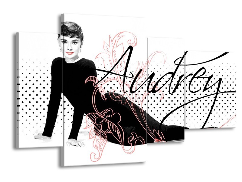 Canvas Schilderij Audrey, Popart | Zwart, Wit, Rood | 120x75cm 4Luik