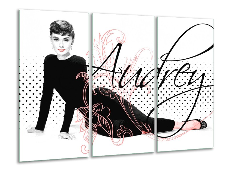 Canvas Schilderij Audrey, Popart | Zwart, Wit, Rood | 120x80cm 3Luik