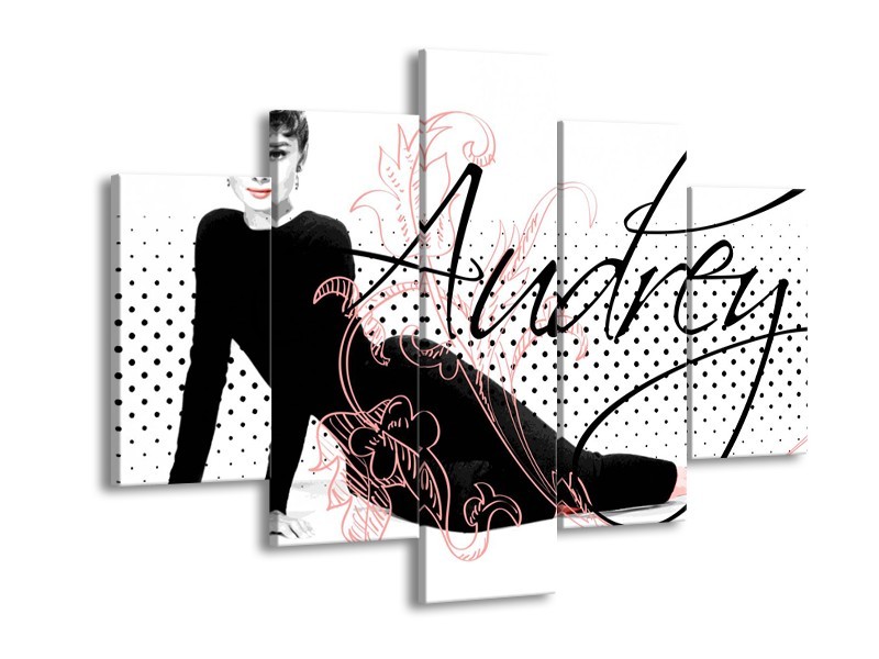 Glasschilderij Audrey, Popart | Zwart, Wit, Rood | 150x105cm 5Luik