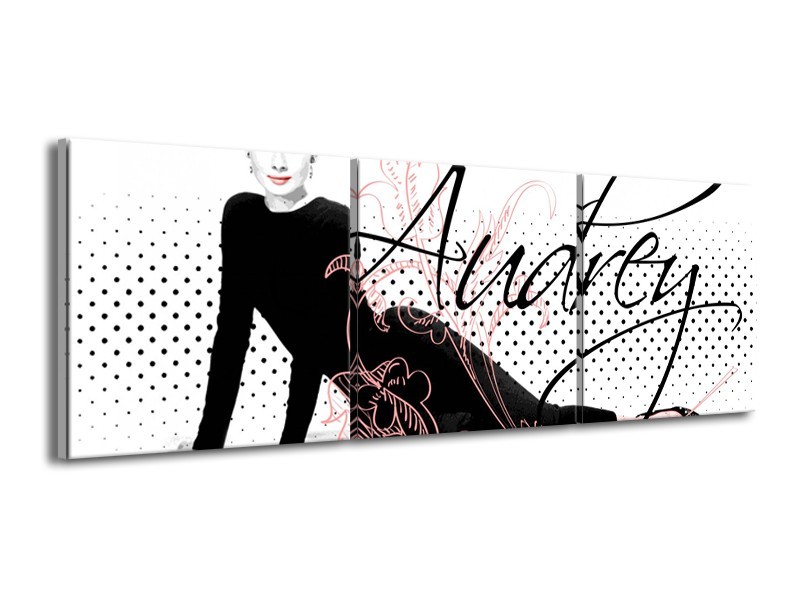 Canvas Schilderij Audrey, Popart | Zwart, Wit, Rood | 150x50cm 3Luik