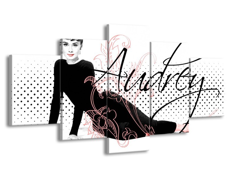 Glasschilderij Audrey, Popart | Zwart, Wit, Rood | 150x80cm 5Luik