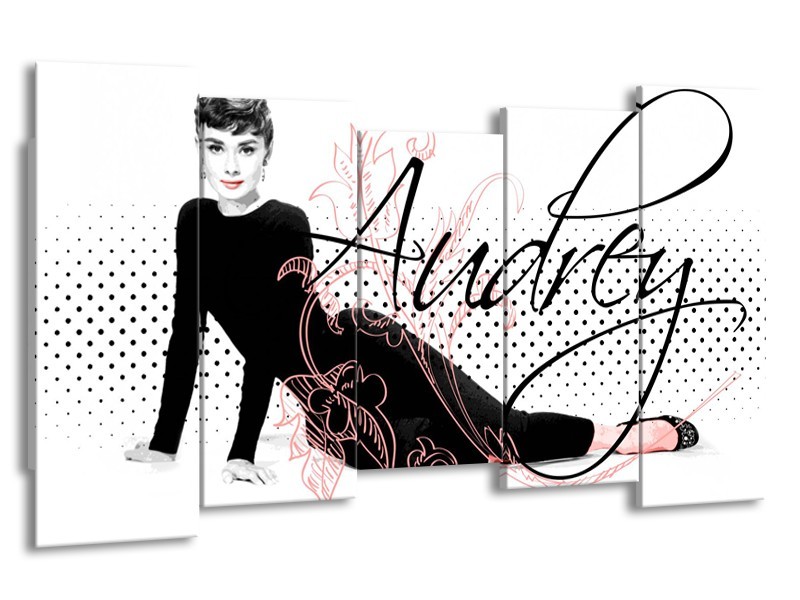 Glasschilderij Audrey, Popart | Zwart, Wit, Rood | 150x80cm 5Luik