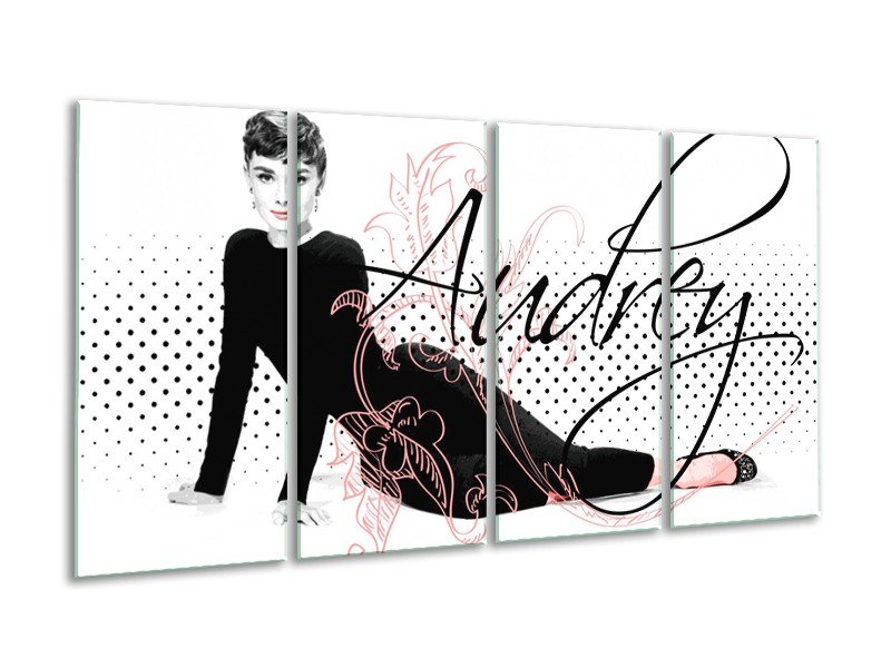 Glasschilderij Audrey, Popart | Zwart, Wit, Rood | 160x80cm 4Luik