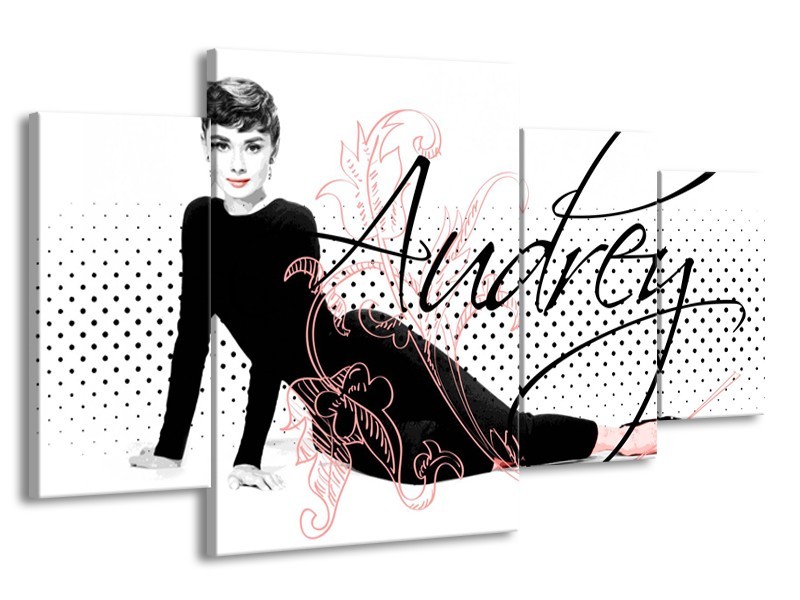 Canvas Schilderij Audrey, Popart | Zwart, Wit, Rood | 160x90cm 4Luik