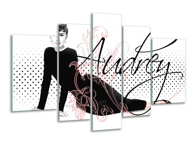 Glasschilderij Audrey, Popart | Zwart, Wit, Rood | 170x100cm 5Luik