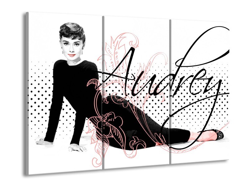 Canvas Schilderij Audrey, Popart | Zwart, Wit, Rood | 60x90cm 3Luik