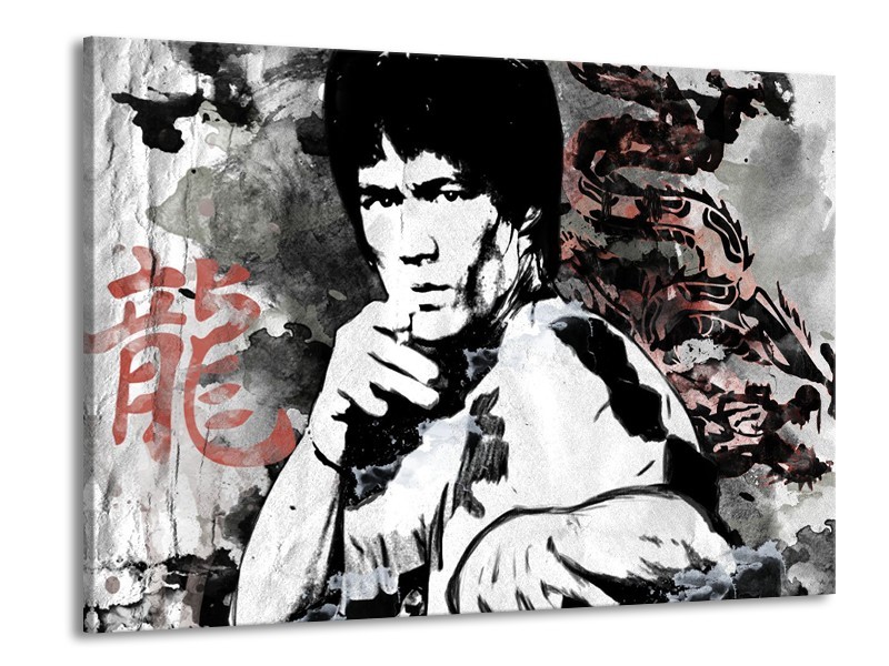 Canvas Schilderij Bruce Lee, Sport | Zwart, Wit, Rood | 100x70cm 1Luik