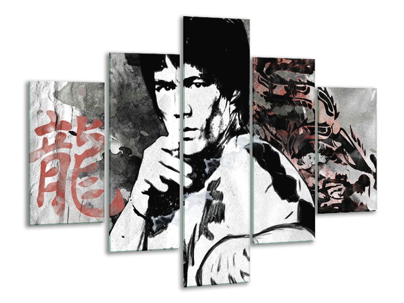 Glasschilderij Bruce Lee, Sport | Zwart, Wit, Rood | 100x70cm 5Luik