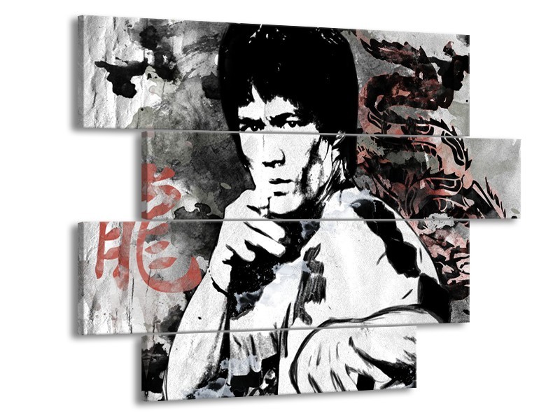 Glasschilderij Bruce Lee, Sport | Zwart, Wit, Rood | 115x85cm 4Luik
