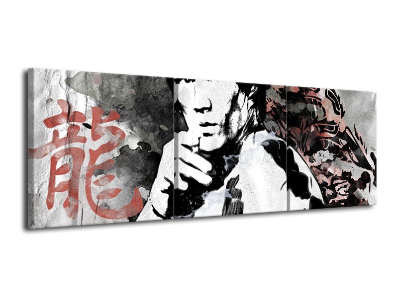 Glasschilderij Bruce Lee, Sport | Zwart, Wit, Rood | 120x40cm 3Luik