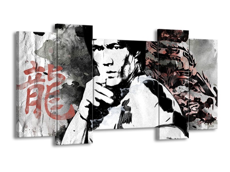 Glasschilderij Bruce Lee, Sport | Zwart, Wit, Rood | 120x65cm 5Luik