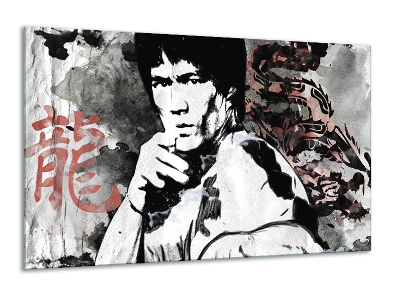 Glasschilderij Bruce Lee, Sport | Zwart, Wit, Rood | 120x70cm 1Luik