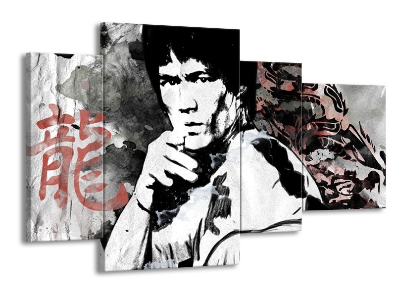 Glasschilderij Bruce Lee, Sport | Zwart, Wit, Rood | 120x75cm 4Luik