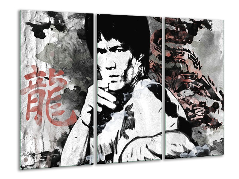 Glasschilderij Bruce Lee, Sport | Zwart, Wit, Rood | 120x80cm 3Luik