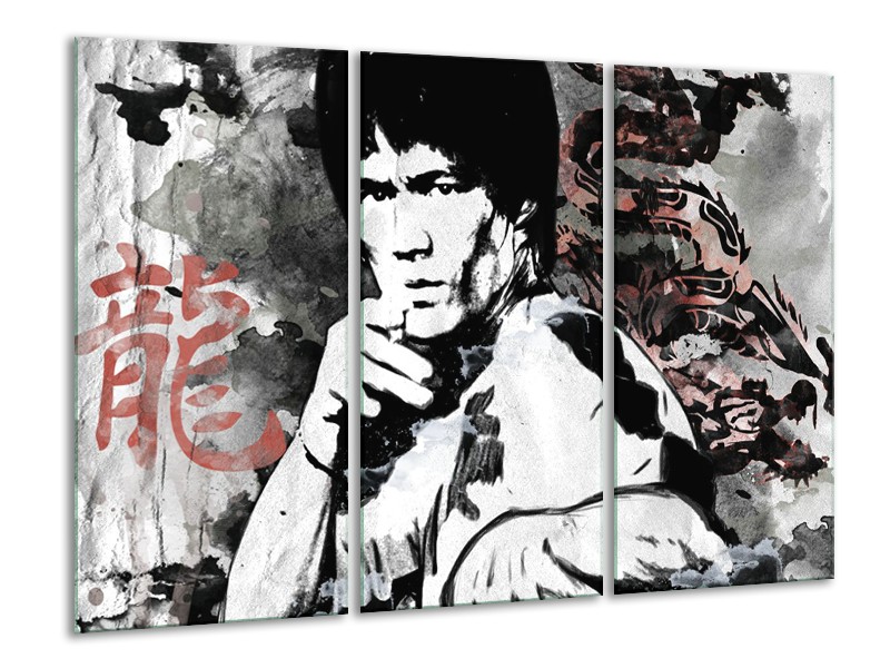 Canvas Schilderij Bruce Lee, Sport | Zwart, Wit, Rood | 120x80cm 3Luik