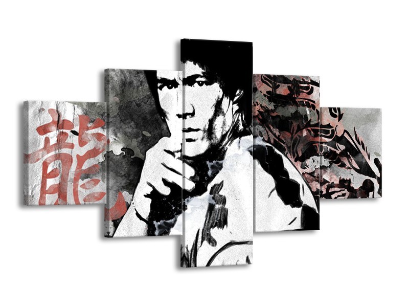 Canvas Schilderij Bruce Lee, Sport | Zwart, Wit, Rood | 125x70cm 5Luik