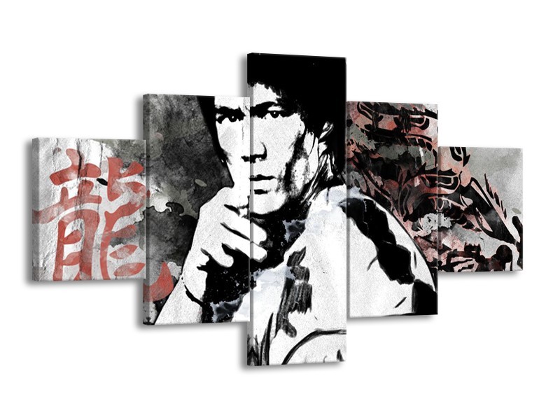 Glasschilderij Bruce Lee, Sport | Zwart, Wit, Rood | 125x70cm 5Luik