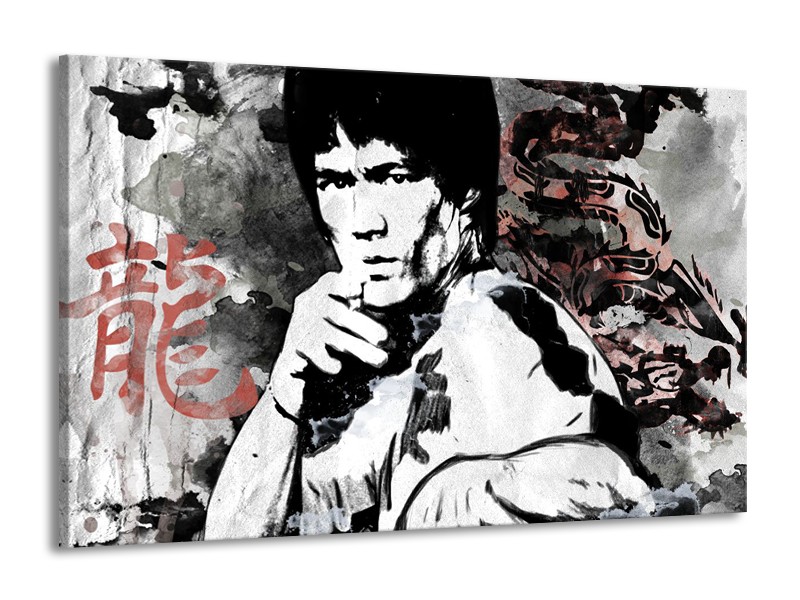 Glasschilderij Bruce Lee, Sport | Zwart, Wit, Rood | 140x90cm 1Luik
