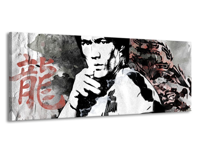 Glasschilderij Bruce Lee, Sport | Zwart, Wit, Rood | 145x58cm 1Luik