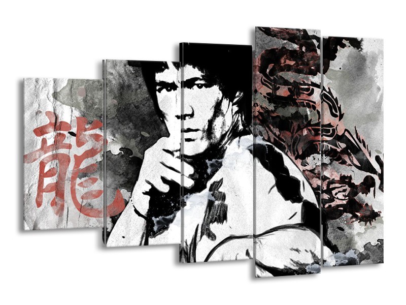Canvas Schilderij Bruce Lee, Sport | Zwart, Wit, Rood | 150x100cm 5Luik
